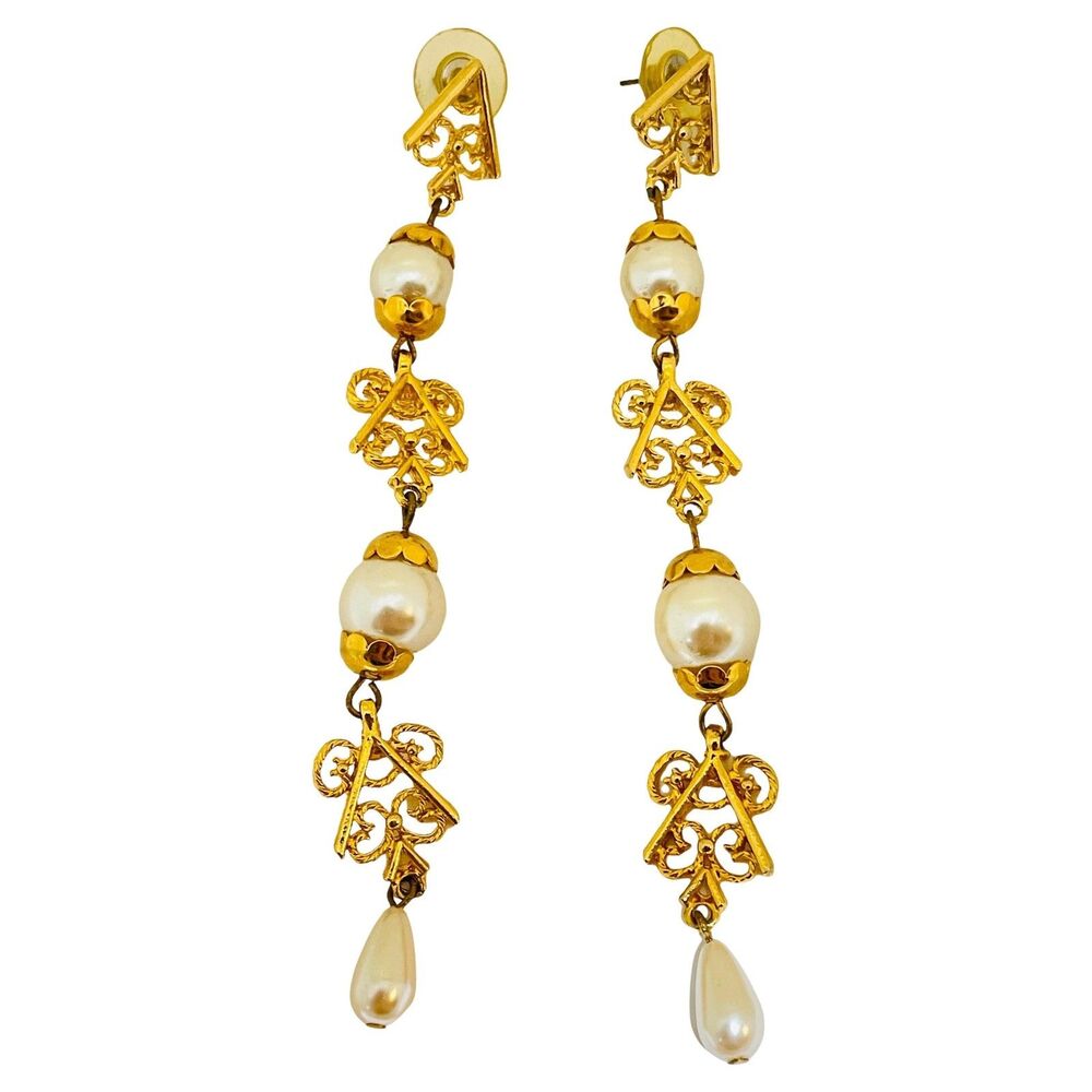 Vintage gold tone pearls long drop post earrings